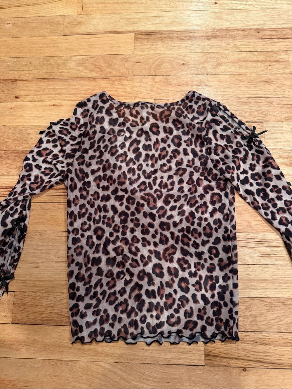 Leopard Print Long Sleeve See Through Mesh Top with Sleeve Bows - Picture 2 of 4